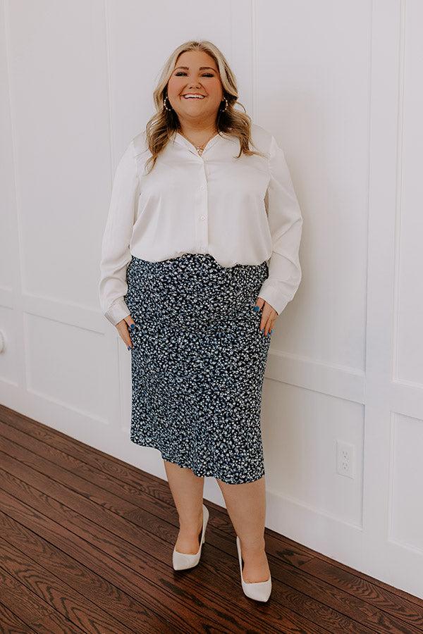 impressions The Caitlyn High Waist Floral Midi Skirt in Navy Curves