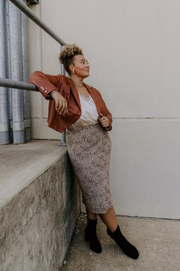 impressions The Caitlyn High Waist Leopard Midi Skirt in Brown Curves