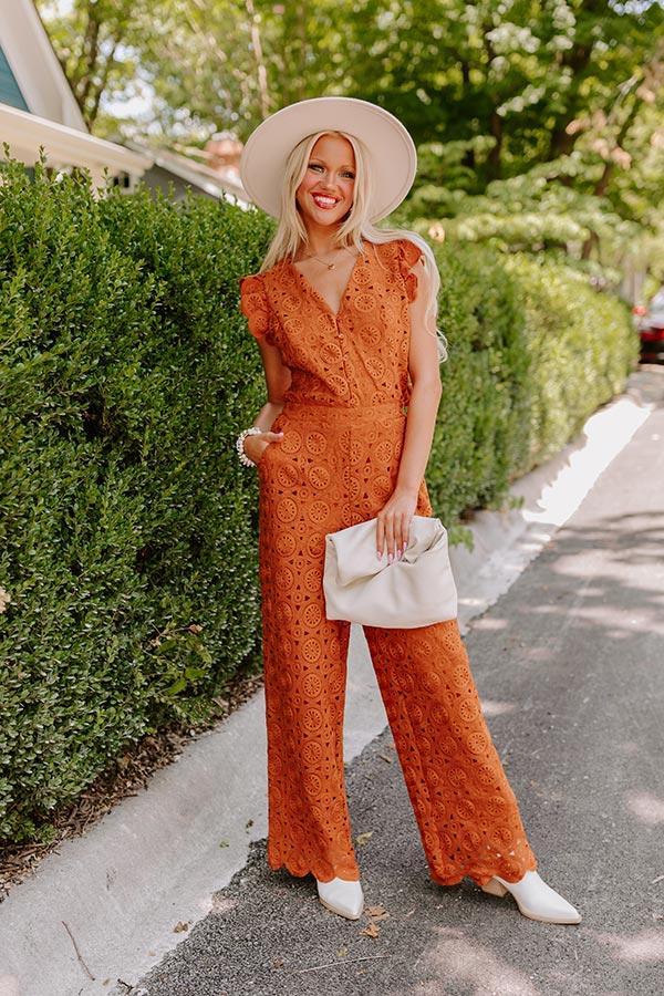 Impressions Under The Tucson Sun Crochet Jumpsuit In Rust