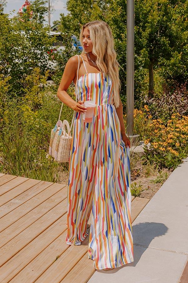 impressions Vacay Bound Satin Stripe Jumpsuit in Blue