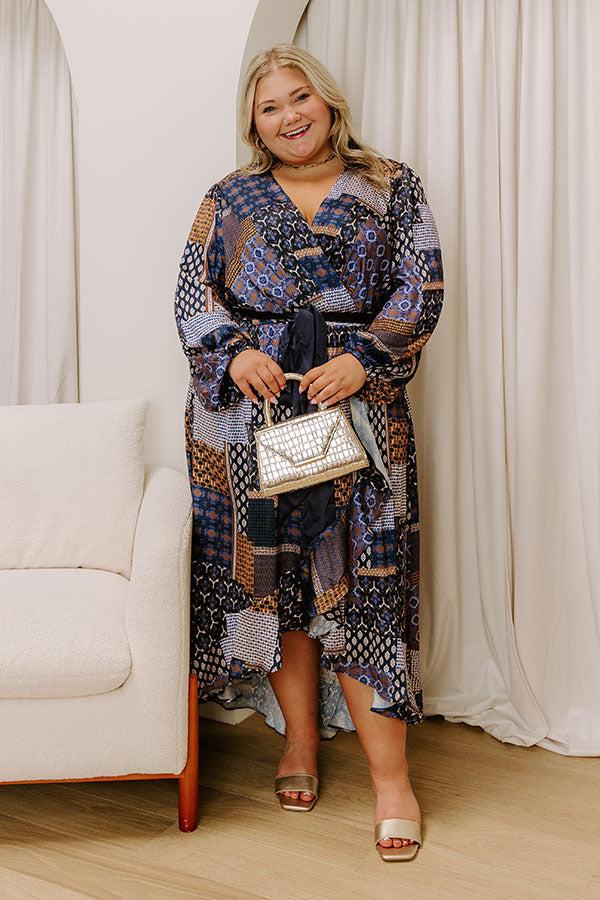 impressions Vineyard Views Satin Color Block Midi Dress in Navy Curves