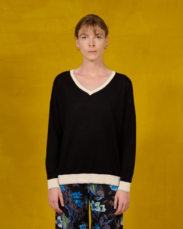 In Bed With You SOLID COLOR PRINT BATWING SLEEVES V NECK JUMPER WITH CONTRAST TRIM COL.026