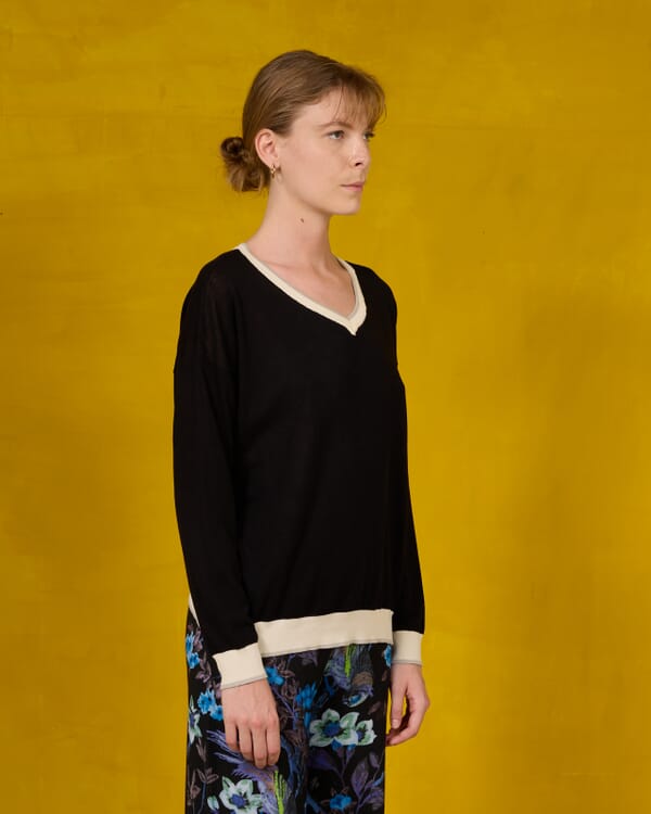 In Bed With You SOLID COLOR PRINT BATWING SLEEVES V NECK JUMPER WITH CONTRAST TRIM COL.026