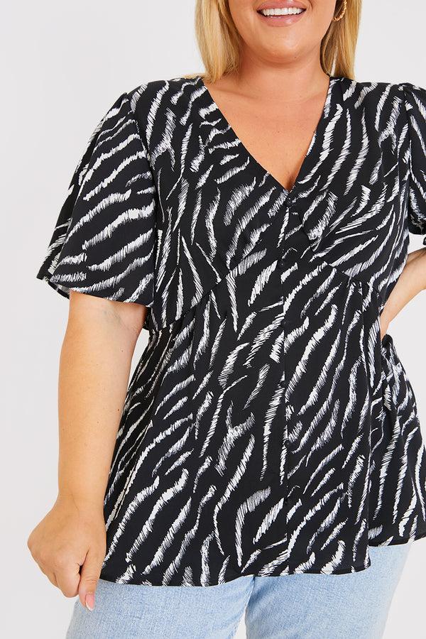 In The Style Ash Zebra Plunge Button Front Blouse With Shirred Cuffs Black