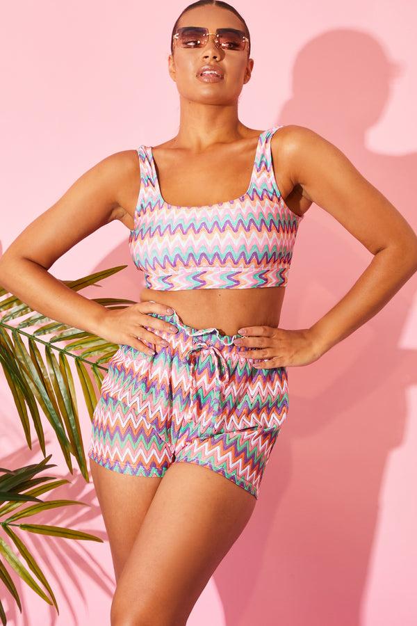 In The Style Billie Faiers Multi Zig Zag Crochet Paperbag Shorts Multi