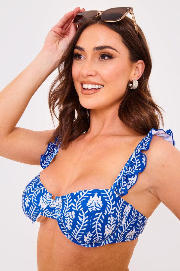 In The Style Billie Faiers Printed Frill Strap Bust Detail Bikini Top Navy