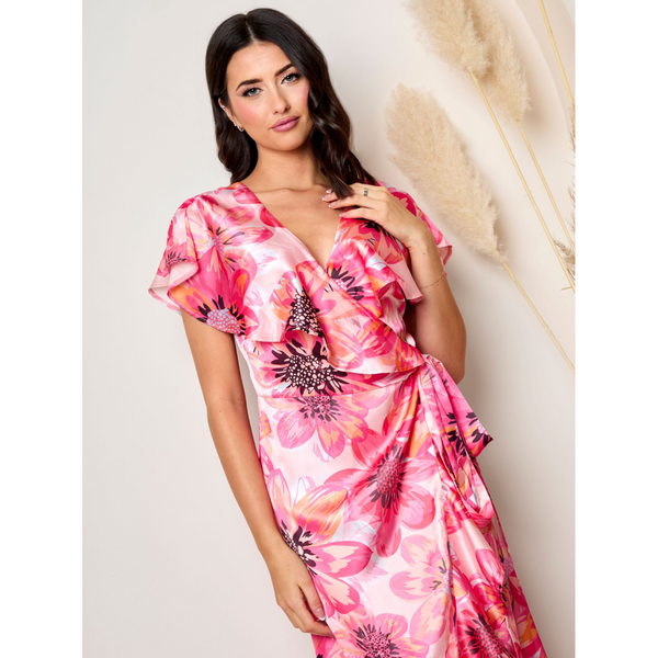 In The Style CHI CHI LONDON Chi Chi London Flutter Sleeve Satin Wrap Dress In Pink