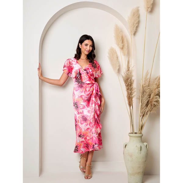 in the style CHI CHI LONDON Chi Chi London Flutter Sleeve Satin Wrap Dress in Pink