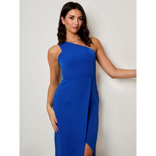 in the style CHI CHI LONDON Chi Chi London One Shoulder Split Detail Midi Dress in Cobalt
