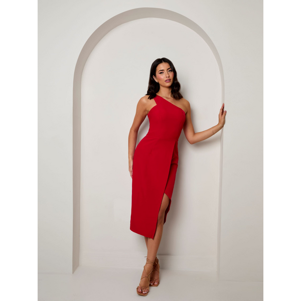 in the style CHI CHI LONDON Chi Chi London One Shoulder Split Detail Midi Dress in Red