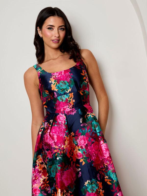 In The Style CHI CHI LONDON Chi Chi London Sleeveless Floral Fit And Flare Midi Dress In Navy