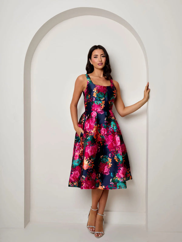 in the style CHI CHI LONDON Chi Chi London Sleeveless Floral Fit and Flare Midi Dress in Navy in the style CHI CHI LONDON Chi Chi London Sleeveless Floral Fit and Flare Midi Dress in Navy