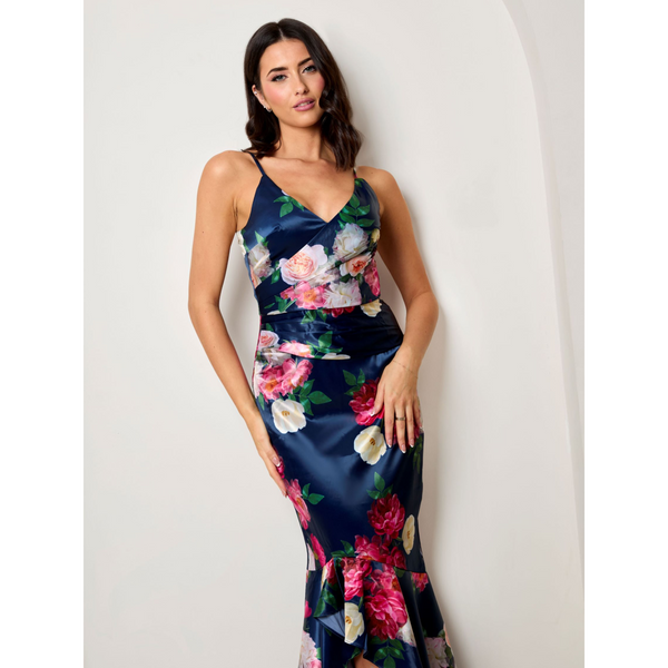 In The Style CHI CHI LONDON Chi Chi London Sleeveless Floral Print Ruffle Hem Midi Dress In Navy