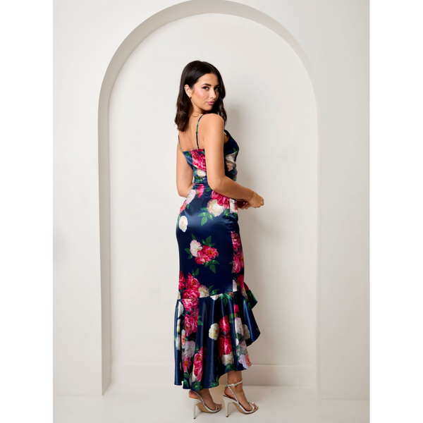 In The Style CHI CHI LONDON Chi Chi London Sleeveless Floral Print Ruffle Hem Midi Dress In Navy