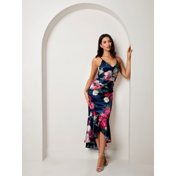 in the style CHI CHI LONDON Chi Chi London Sleeveless Floral Print Ruffle Hem Midi Dress in Navy