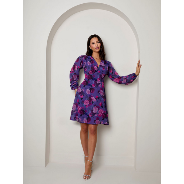 in the style CHI CHI LONDON Chi Chi London V Neck Floral Printed Chiffon Dress in Purple