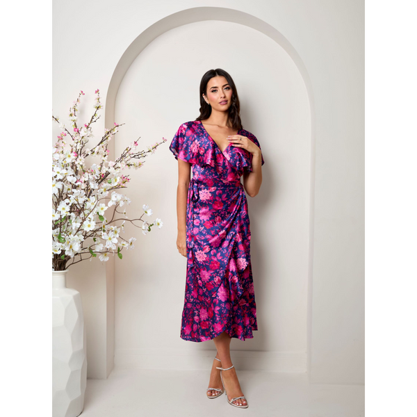 in the style CHI CHI LONDON Chi Chi London V Neck Floral Wrap Midi Dress in Multi
