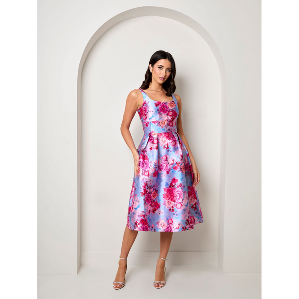 in the style CHI CHI LONDON Sleeveless Floral Fit and Flare Midi Dress in Blue
