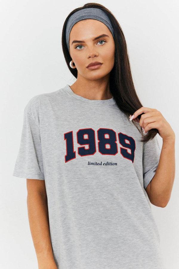 in the style Fits 1989 Printed Crew Neck Graphic T-Shirt Grey