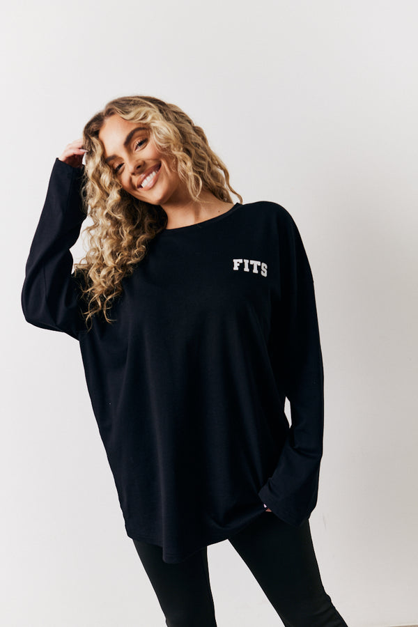 in the style Fits Black Fits Leisure Club Graphic Oversized Long Sleeve T-Shirt Black
