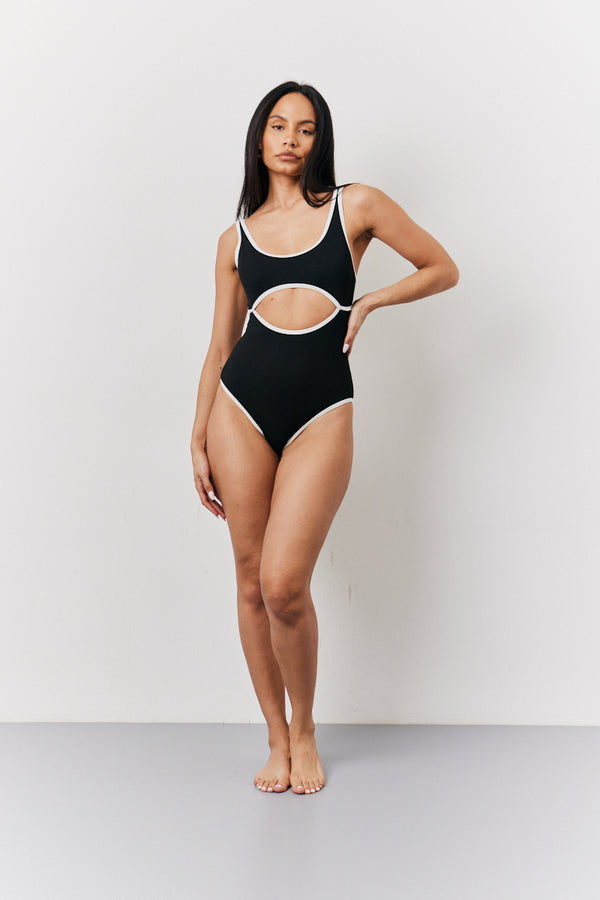 In The Style Fits Black Ribbed Contrast Binding Cut Out Swimsuit Black