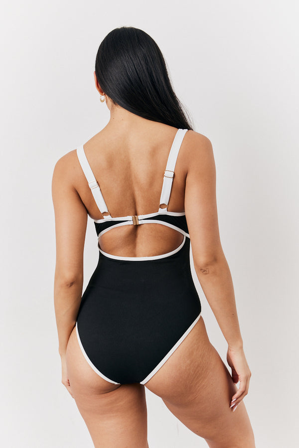 In The Style Fits Black Ribbed Contrast Binding Cut Out Swimsuit Black