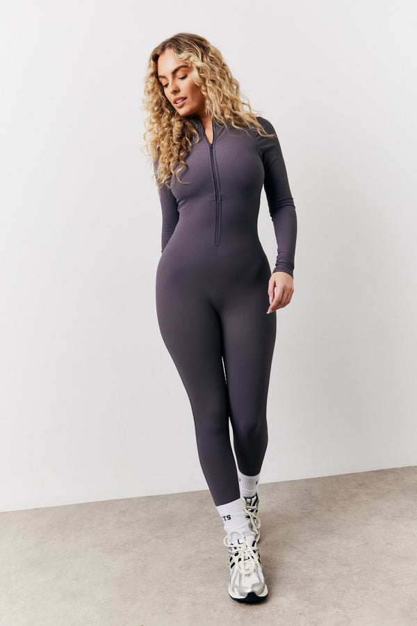 in the style Fits Built-In Bra Half Zip Long Sleeve Sculpt and Control Unitard Charcoal