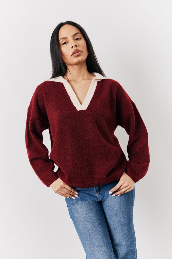 In The Style Fits Burgundy 90's Collared Knitted Rugby Sweater Burgundy