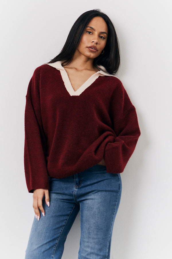 in the style Fits Burgundy 90's Collared Knitted Rugby Sweater Burgundy