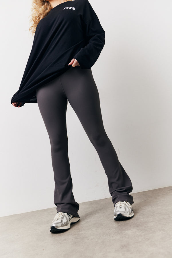 In The Style Fits Charcoal High Waisted Sculpt And Control Kick Flare Ribbed Trouser Charcoal
