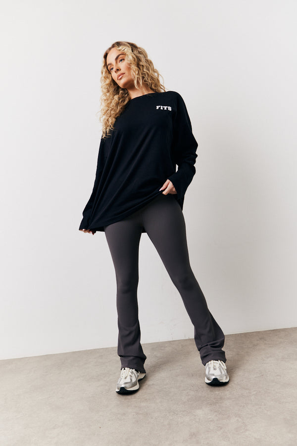 in the style Fits Charcoal High Waisted Sculpt and Control Kick Flare Ribbed Trouser Charcoal