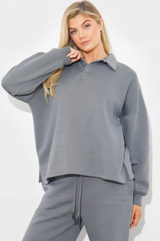 In The Style Fits Collared Button Up Jersey Sweatshirt Grey