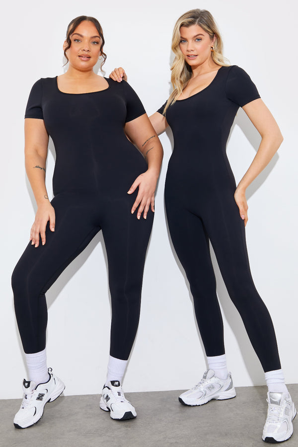 in the style Fits Contour Built-in Bra Short Sleeve Scoop Neck Unitard Black