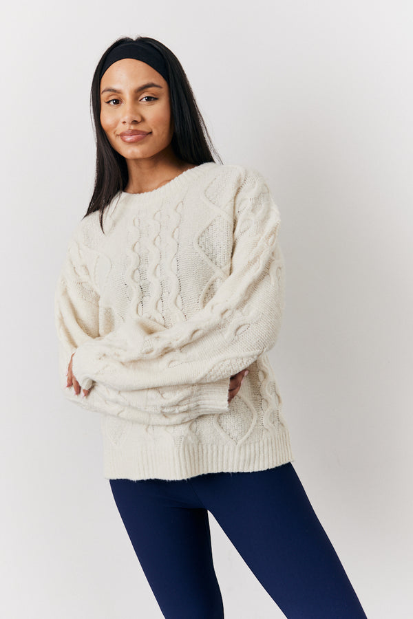 In The Style Fits Cream 90's Varsity Cable Knitted Sweater Cream