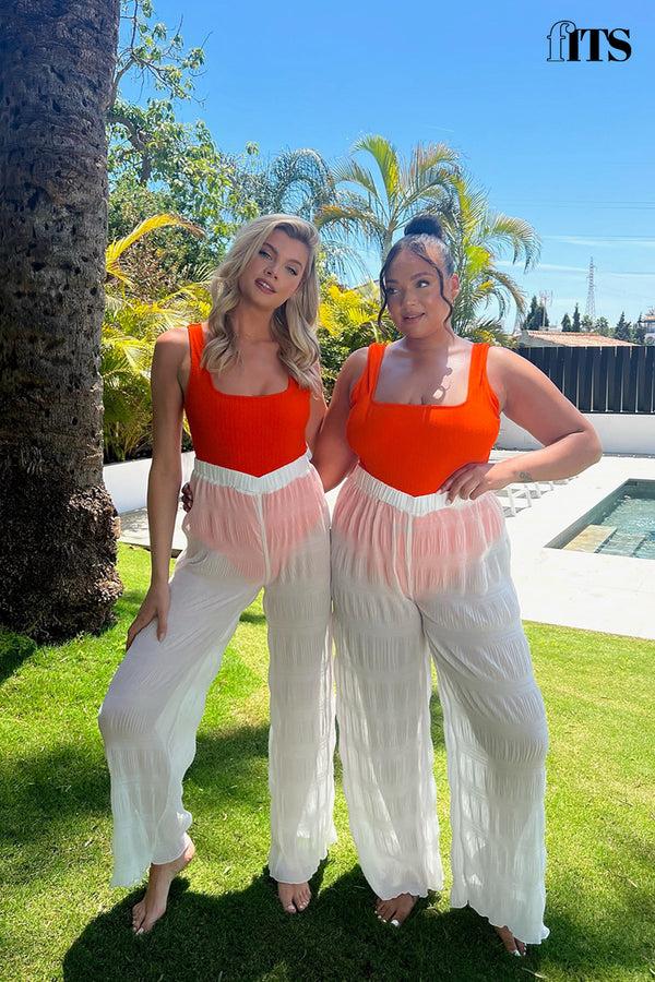 In The Style Fits Crinkle High Waisted Wide Leg Trousers Cream