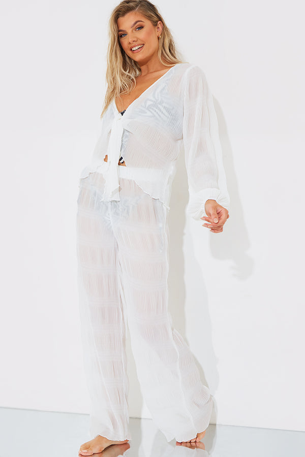 In The Style Fits Crinkle High Waisted Wide Leg Trousers Cream