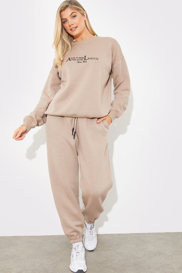 In The Style Fits Embroidered Athletic League Crew Neck Jersey Sweater Mocha