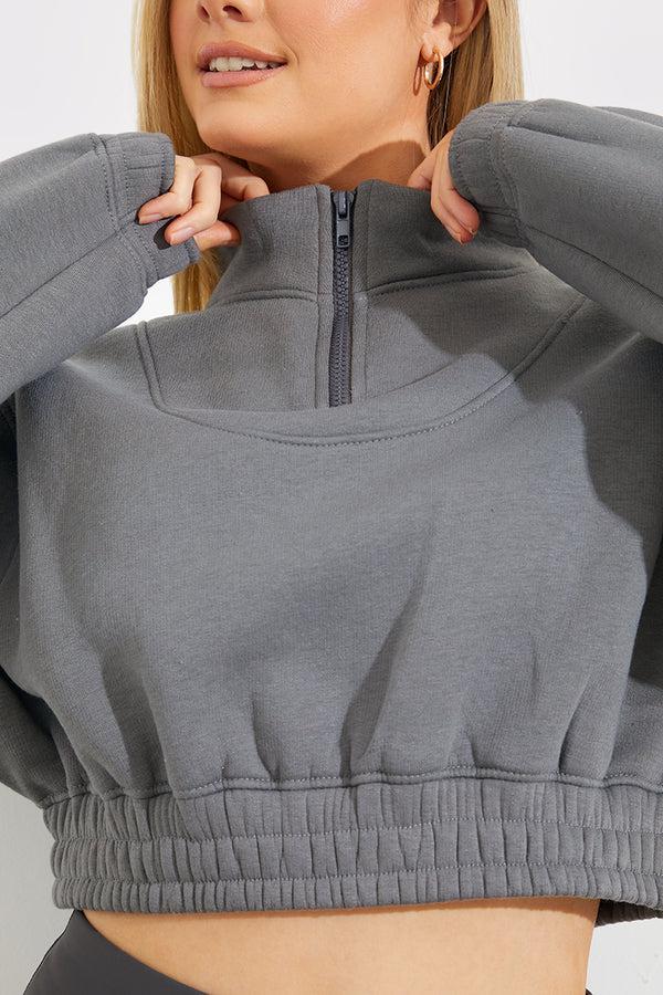 In The Style Fits Half Zip Up Cropped Jersey Sweater Grey