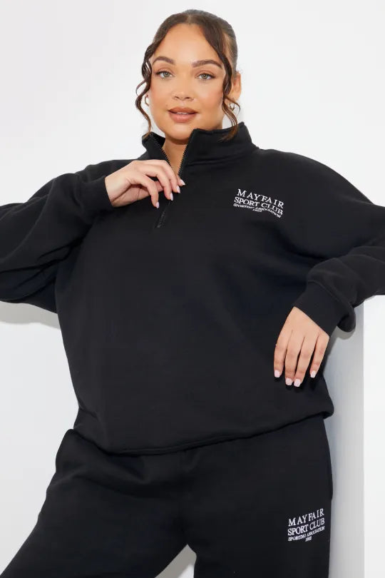 in the style Fits Half Zip Up Embroidered Mayfair Sport Club Jersey Sweater Black