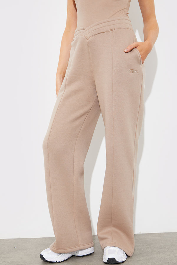 In The Style Fits Jersey Embroidered Crossover Wide Leg Seam Front Jogger Mocha