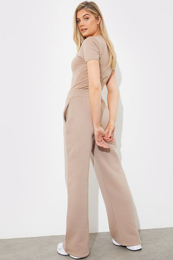 In The Style Fits Jersey Embroidered Crossover Wide Leg Seam Front Jogger Mocha
