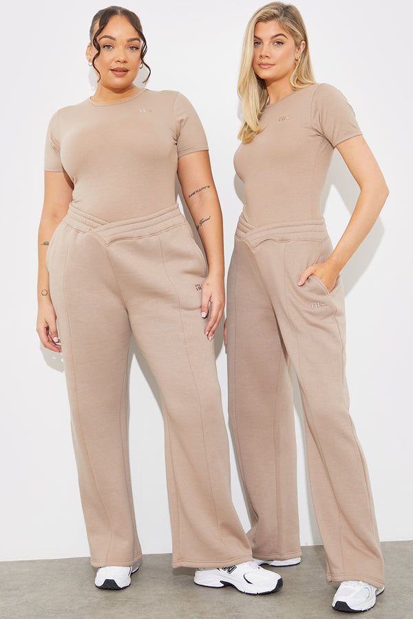 In The Style Fits Jersey Embroidered Crossover Wide Leg Seam Front Jogger Mocha