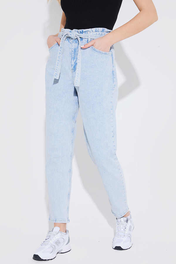 In The Style Fits Light Wash Paperbag Tie Waist Jeans Blue