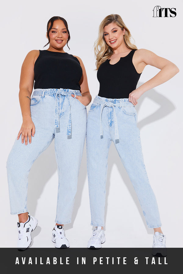 in the style Fits Light Wash Paperbag Tie Waist Jeans Blue