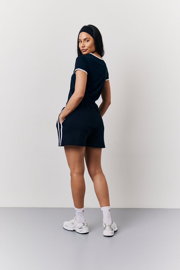 In The Style Fits Navy 90's Fits Slogan Side Stripe Co-Ord Shorts Navy