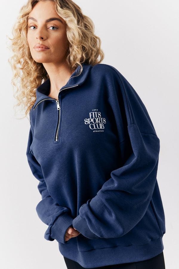 in the style Fits Navy Fits Sports Club Graphic Oversized Half Zip Co-Ord Sweatshirt Navy