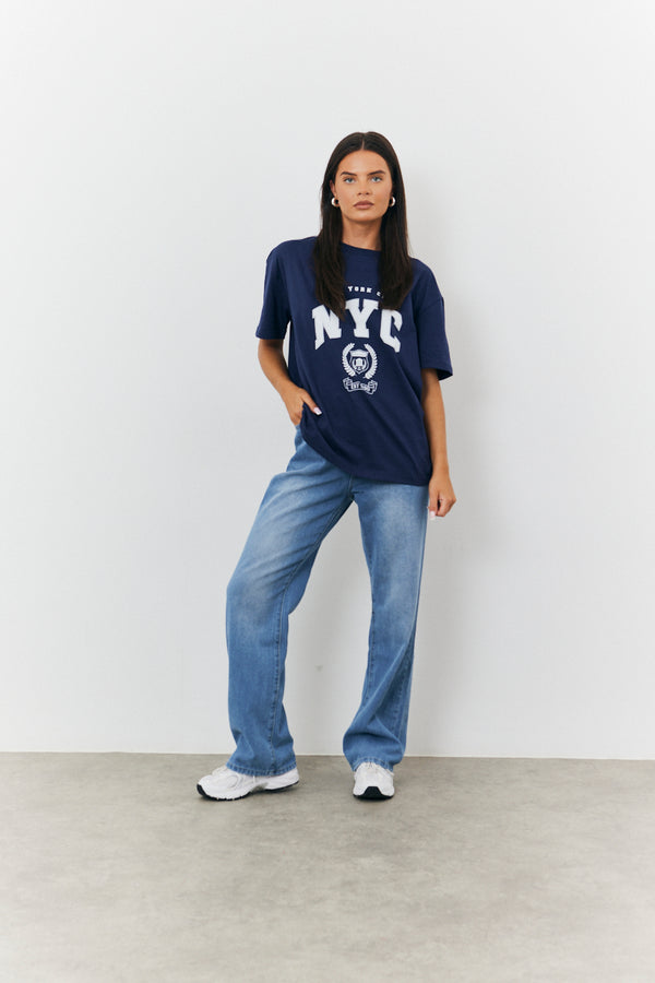 In The Style Fits NYC Printed Graphic Varsity T-Shirt Navy