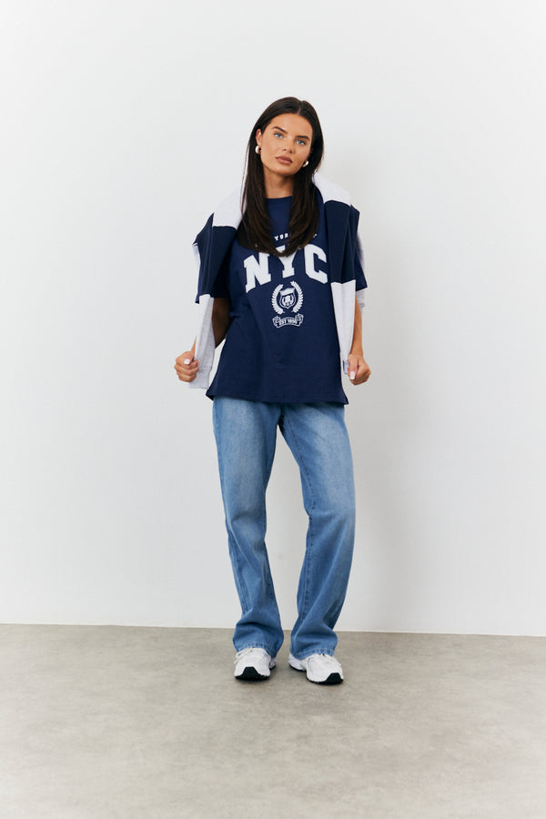 In The Style Fits NYC Printed Graphic Varsity T-Shirt Navy