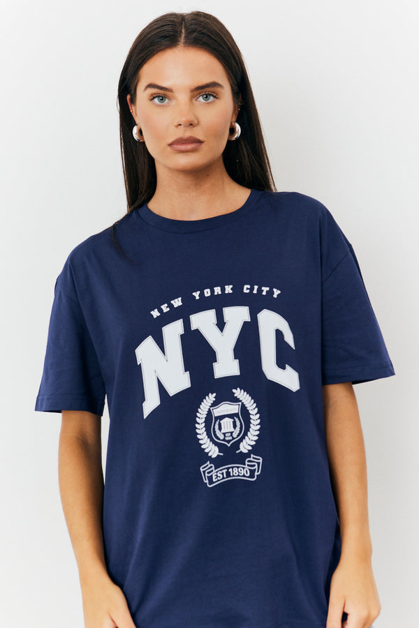 in the style Fits NYC Printed Graphic Varsity T-Shirt Navy