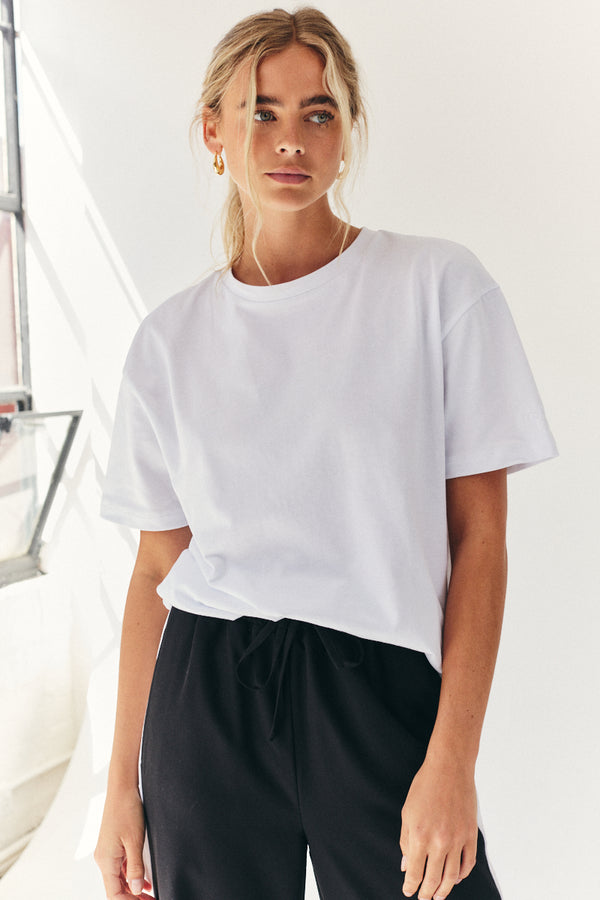 in the style Fits Oversized Boyfriend Embroidered Sleeve T-Shirt White